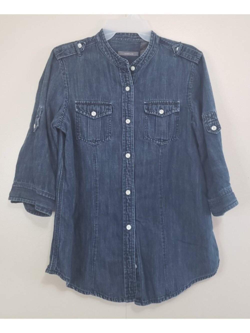 Vtg Liz Claiborne Womens M Shirt Button Up Linen Cotton Blue Denim Look Roll Tab
